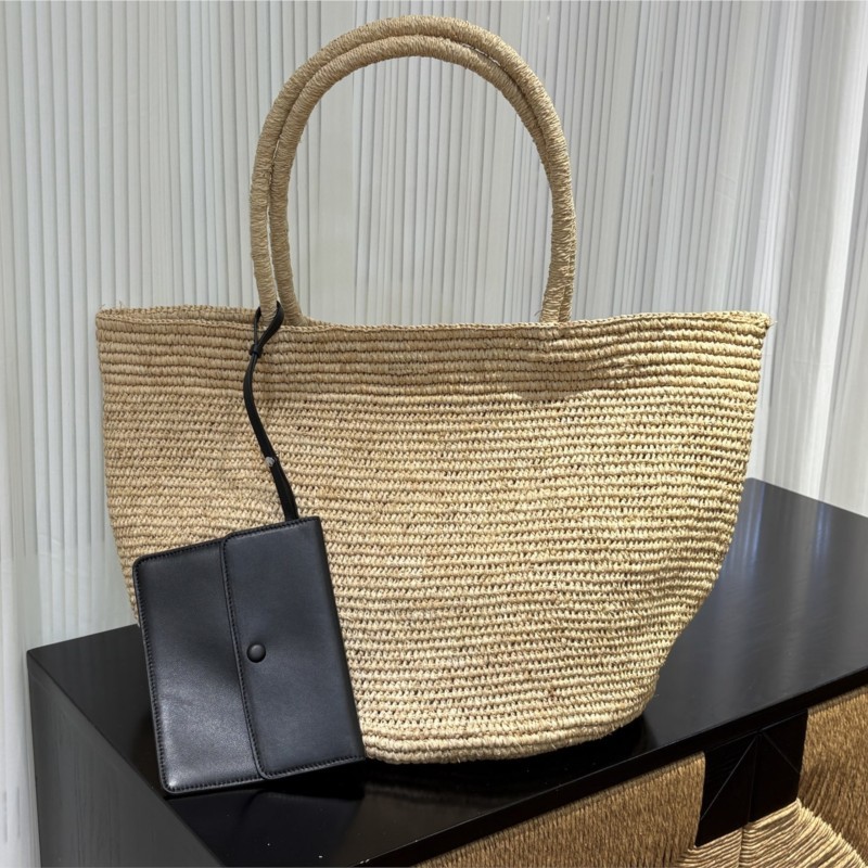 Women'S Raffia Bags - 手作りの天然ラフィア製トートバッグ、ラムレザーポーチ付き、夏のビーチバケーション用ショルダーバッグ