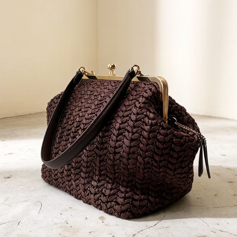 Women'S Raffia Bags - 手織りキスロックフレームショルダーラフィアビーチバッグ女性用高級デザイナーハンドバッグと財布2026新作ウィートグラスアンダーアーム
