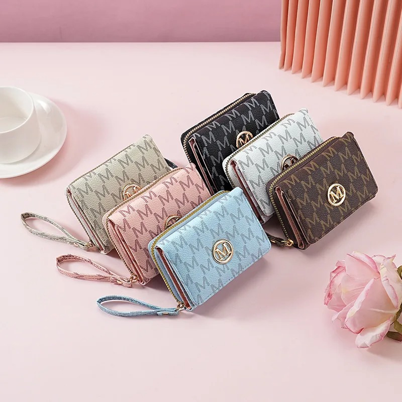 Women Bags And Purses - 三つ折りジッパーウォレット、レターパターン入り、スタイリッシュなマルチカラーカードホルダーとリストストラップ付き、女性用のおしゃれな普段使い財布*