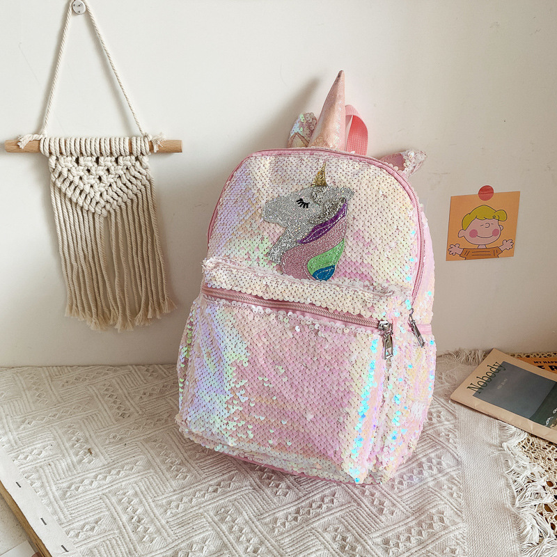 Mini Backpack Women - スパンコールユニコーンバックパック ピンク シャイニー 軽量 ミニ カスタムロゴ