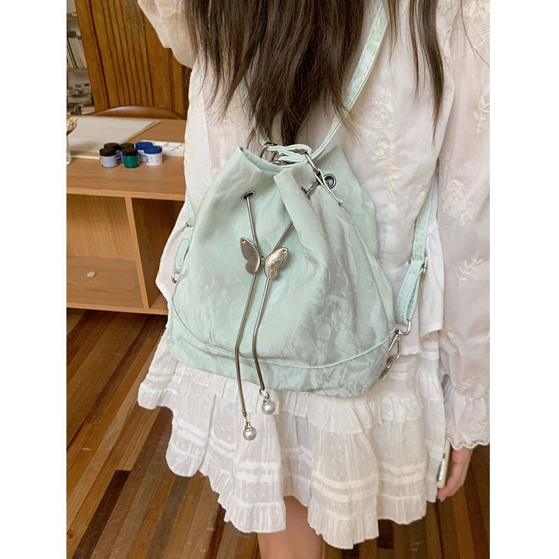 Mini Backpack Women - 女性ミントグリーン蝶巾着バックパック女性新しい韓国スタイルジャカードミニバケットバッグ女性キュートコアショルダーバッグ