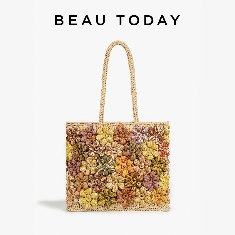 Women'S Raffia Bags - BEAUTODAY トートバッグ女性ラフィア混合色織り正方形の花装飾インテリアスロットポケットレディースバッグ手作り 62171