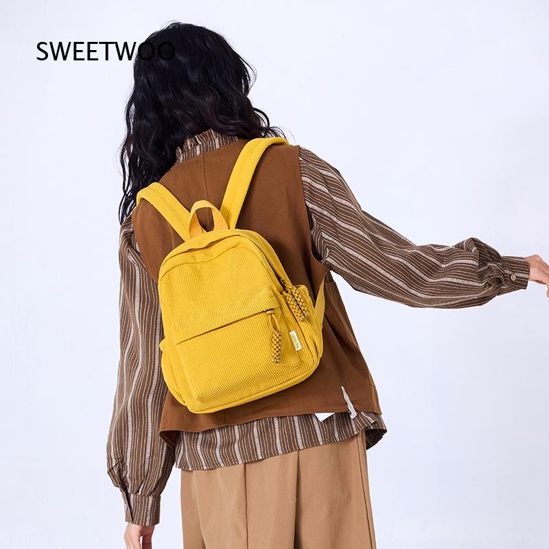 Mini Backpack Women - 2026 マスタードイエロー コーデュロイ ミニバックパック フロントポケット付き カジュアル