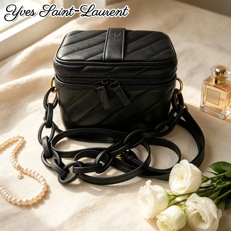 Women'S Ysl Bags Crossbody - YSL ブラックシェブロンレザー スクエアメイクアップバッグ ダブルジッパー ミラー付きコスメティックオーガナイザー DIYチャンキーチェーン