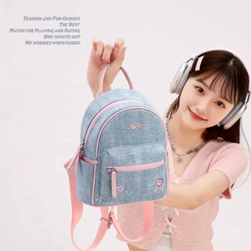 Mini Backpack Women - ブルーデニム刺繍クマバックパック女性ミニ繊細なスクールスタイルリュックサックレディース多用途カジュアルコンパクト Mochilas Mujer