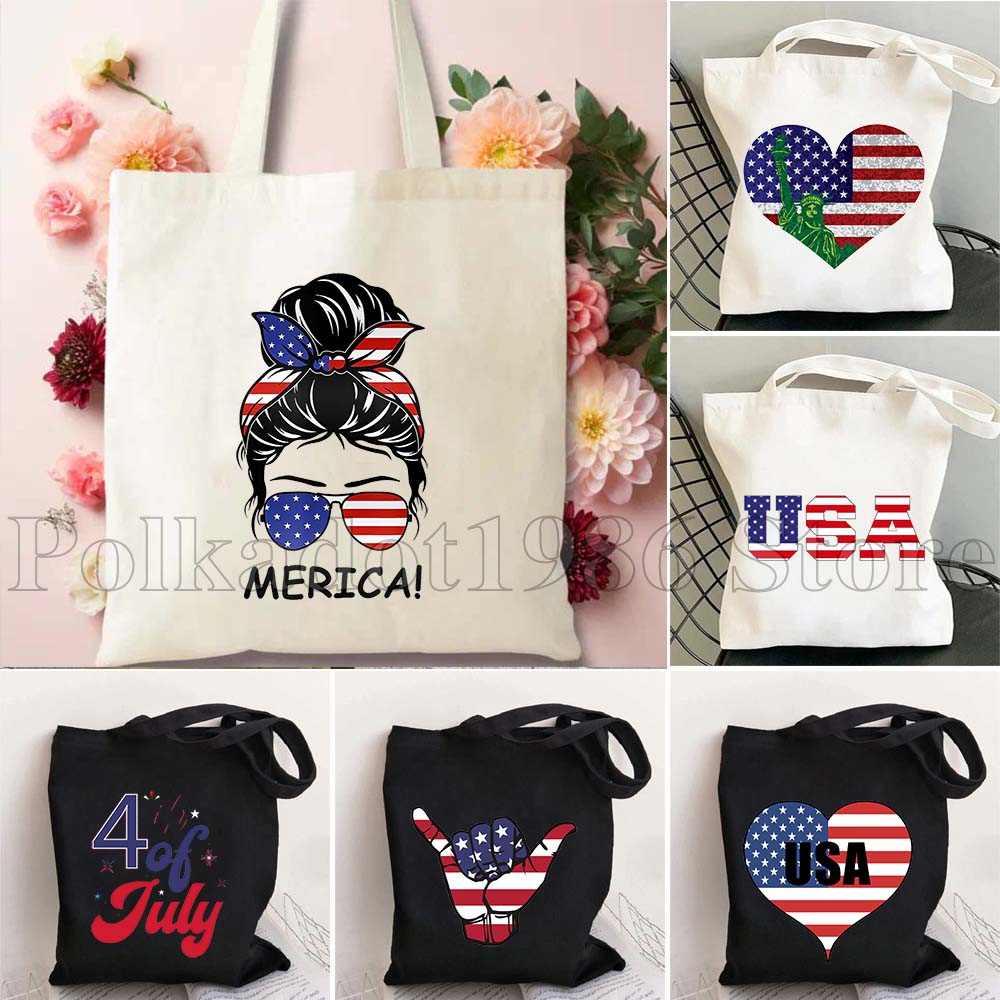 Women Bags Usa - アメリカ国旗 7月4日 ハートフラッグ 自由の女神 ギフト 耐久性のあるキャンバス製