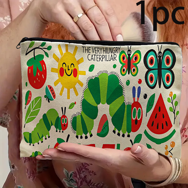 Women'S Bags Very - とてもお腹を空かせた毛虫のコスメティックバッグ、漫画の毛虫とフルーツ柄のジッパー付きメイクアップポーチ、女性用トラベルトイレタリー収納バッグ