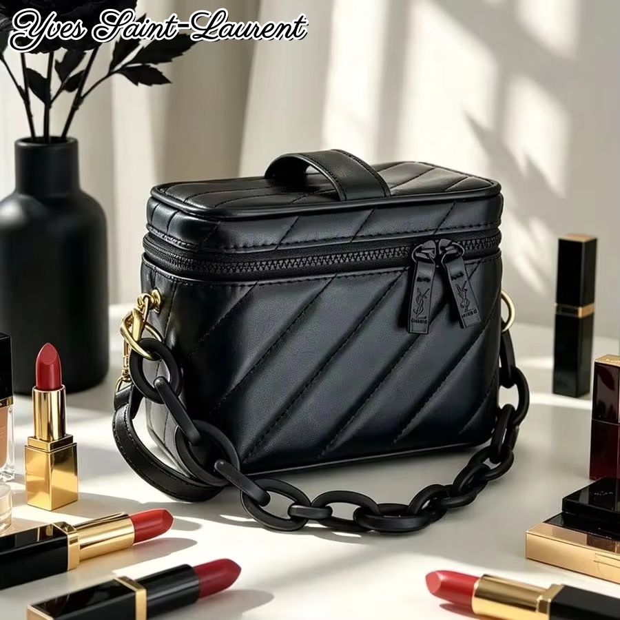 Women'S Ysl Bags Crossbody - YSL ブラックシェブロンレザー スクエアメイクアップバッグ ダブルジッパー ミラー付きコスメティックオーガナイザー DIYチャンキーチェーン