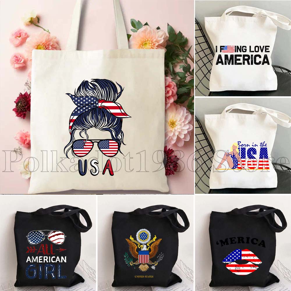 Women Bags Usa - アメリカ国旗愛国ギフト アグレ 7月4日 USAマップ キャンバスショッピングトートバッグ 食料品バッグ