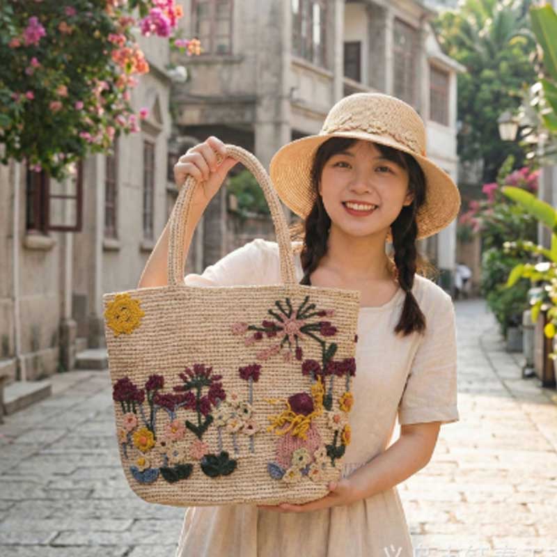 Women'S Raffia Bags - 新しい手作りラフィア3Dローズハンドバッグ、手編みフックビーチバッグ、女性用ショルダーバッグ、旅行用編み籐バッグ、トートバッグ