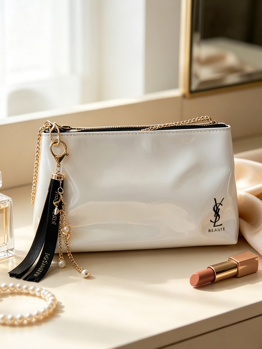 Women'S Ysl Bags Crossbody - YSL ホワイトグロッシー ジッパーメイクアップバッグ DIY クロスボディ チェーンパールチャーム付き