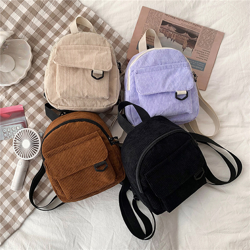 Mini Backpack Women - 無地ミニバックパックコーデュロイ小さなバックパックシンプルなカジュアル学生ランドセル旅行リュックサックファッション女性 Soulder バッグ