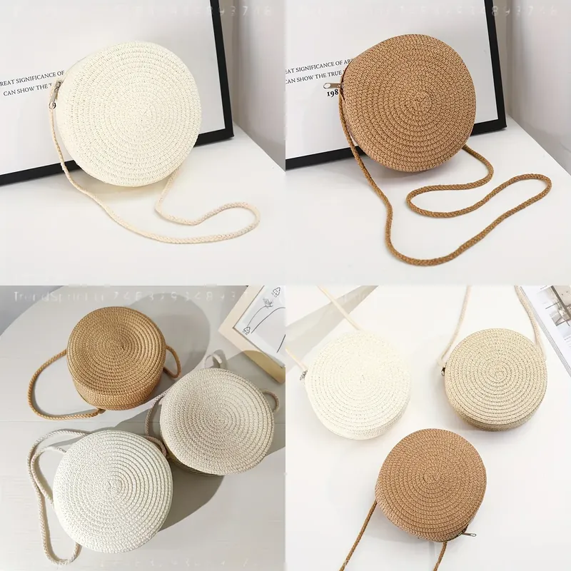 Women Bags And Purses - 女性用丸型編み込みラタンクロスボディバッグ、手作りのストローニット製小型ショルダービーチバッグ、ナチュラルな夏のホリデーアクセサリー