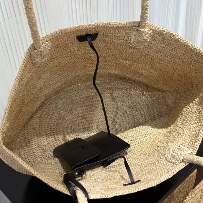 手作りの天然ラフィア製トートバッグ、ラムレザーポーチ付き、夏 - Women'S Raffia Bags のレビューと価格
