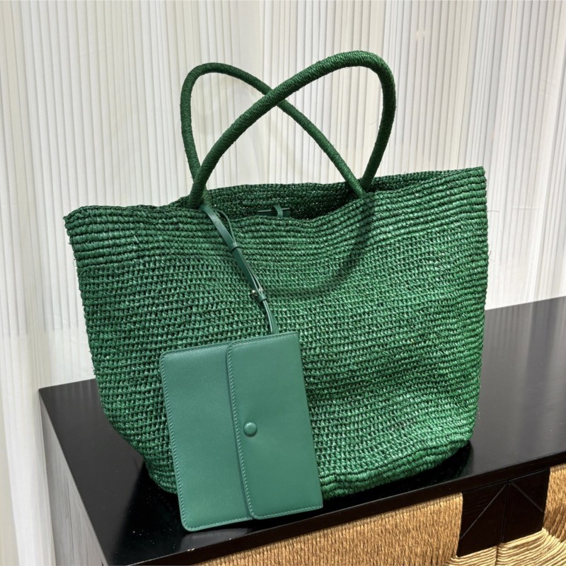 手作りの天然ラフィア製トートバッグ、ラムレザーポーチ付き、夏 - Women'S Raffia Bags のレビューと価格