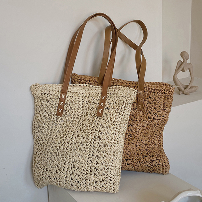 正方形中空わらビーチバッグ手作り織ショルダーバッグラフィア籐 - Women'S Raffia Bags のレビューと価格