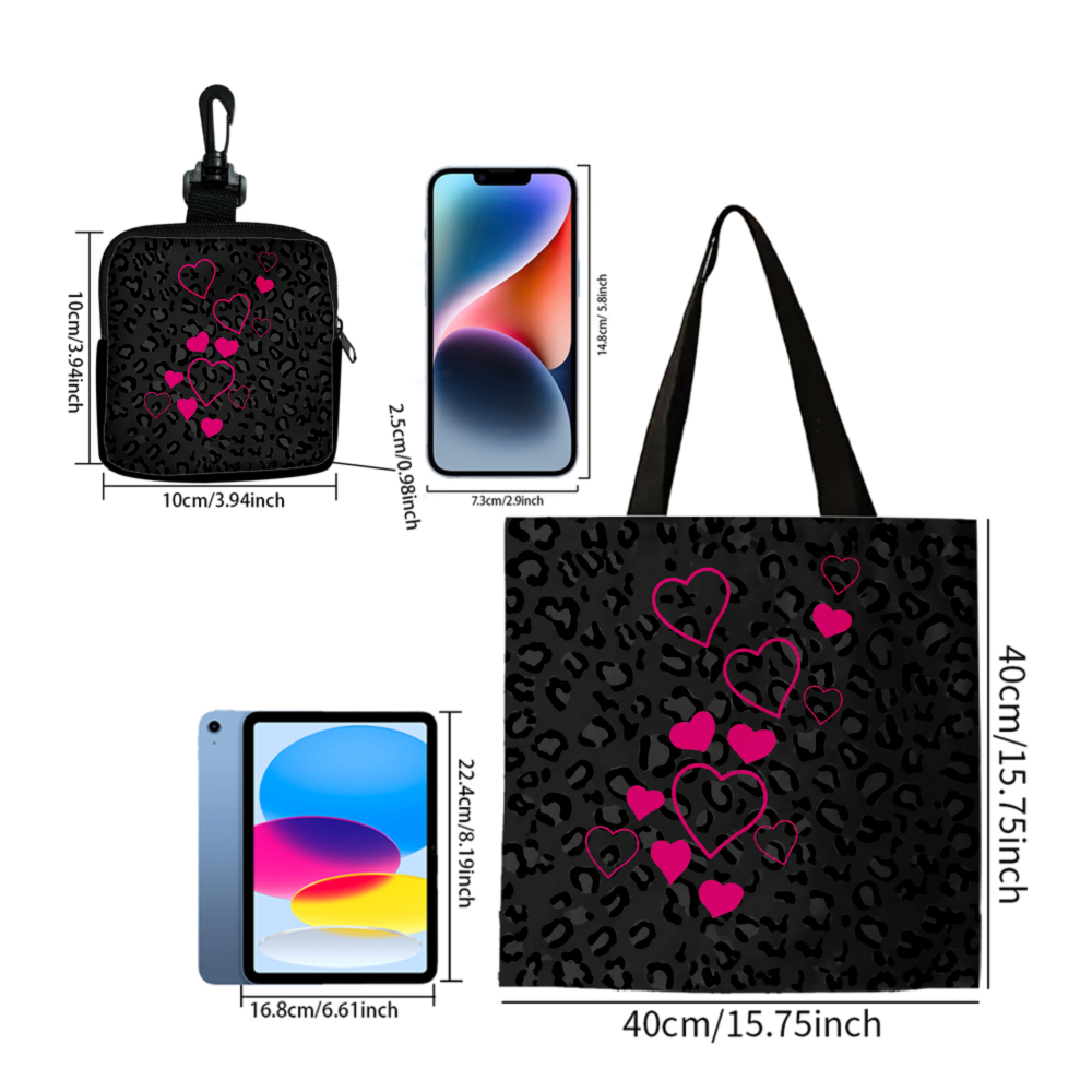 黒のレオパード柄とピンクのハート柄のトートバッグとお揃いのコ - Women Bags And Purses のレビューと価格